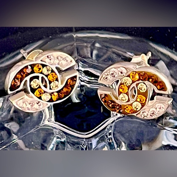 Sterling Silver Linked C’s Earrings Clear, Gold, Copper Rhinestone Crystals Gift - Picture 5 of 12